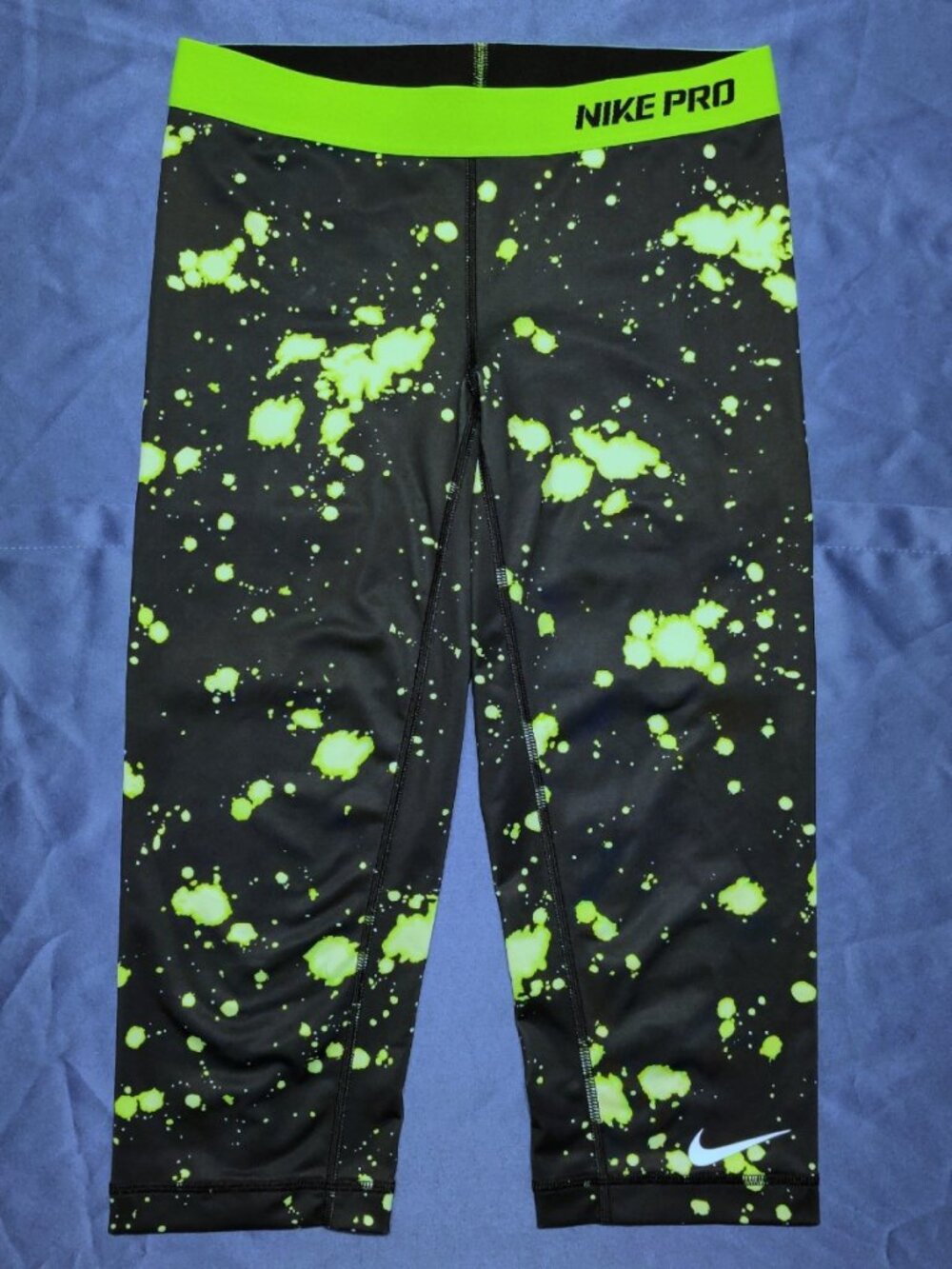 Nike Pro Dri-FIT Fitted Capri Leggings - Black w/Neon Green Splatter - Women's S
